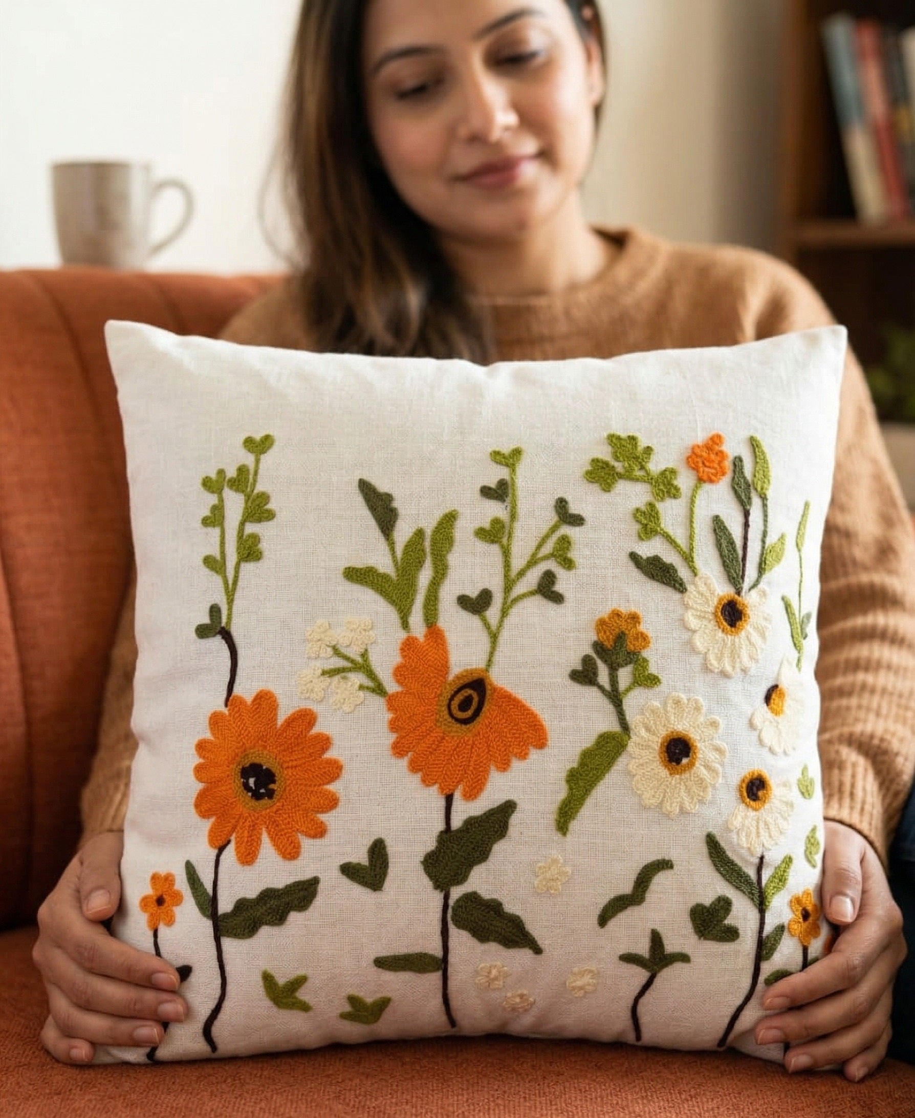 Hand-Embroidered Botanical Floral Linen Cushion Cover