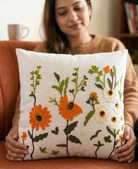 Hand-Embroidered Botanical Floral Linen Cushion Cover
