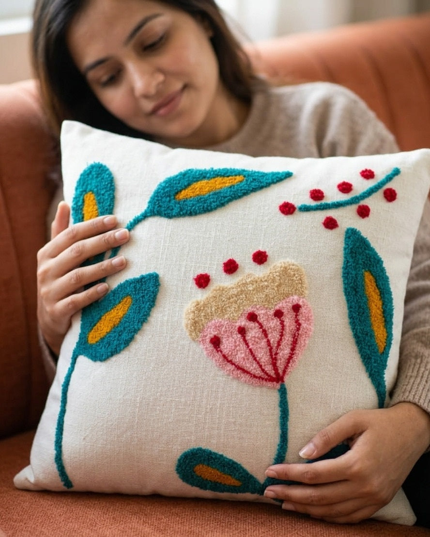 Hand-Tufted Abstract Floral Botanical Cotton Cushion Cover