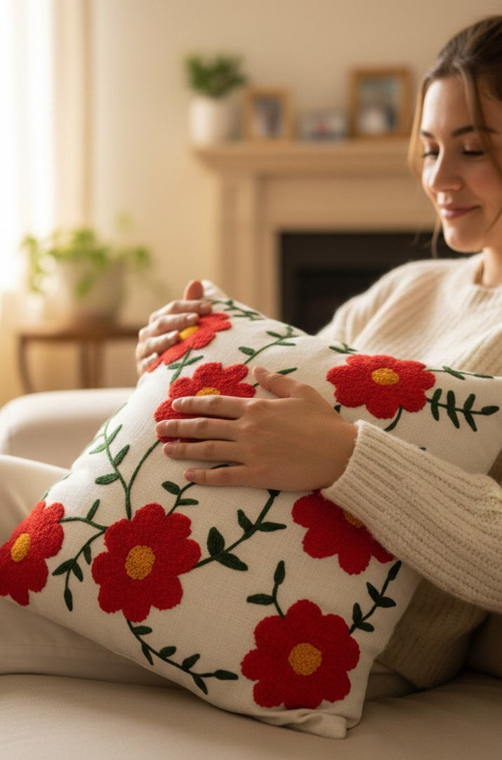 Hand-Tufted Red Poppy Floral Vine Cotton Cushion Cover