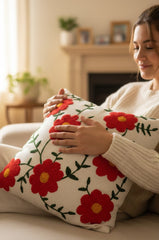 Hand-Tufted Red Poppy Floral Vine Cotton Cushion Cover