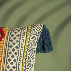 Hand Block Printed Emblished Pillow Cover 16x24 In