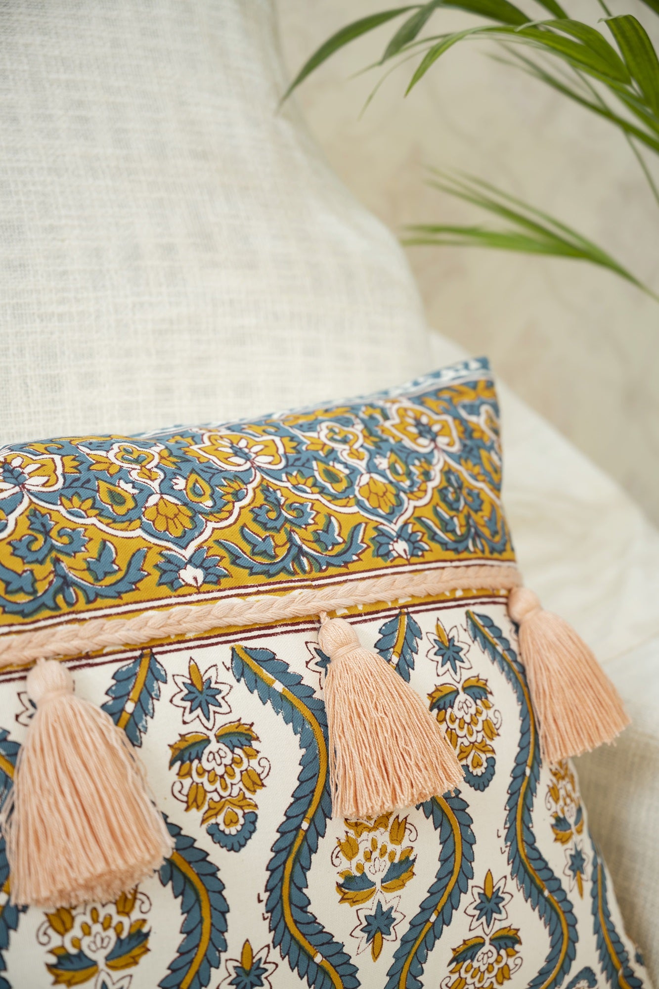 Hand Block Printed Pillow Cover With Decorative Tassels 16x24 In