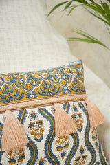 Hand Block Printed Pillow Cover With Decorative Tassels 16x24 In