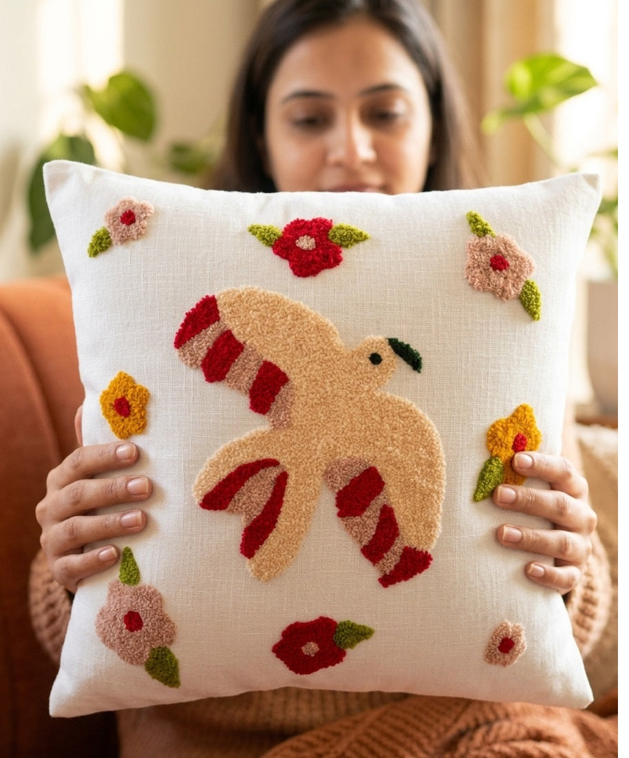 Hand-Tufted Bird and Floral Medley Cotton Cushion Cover