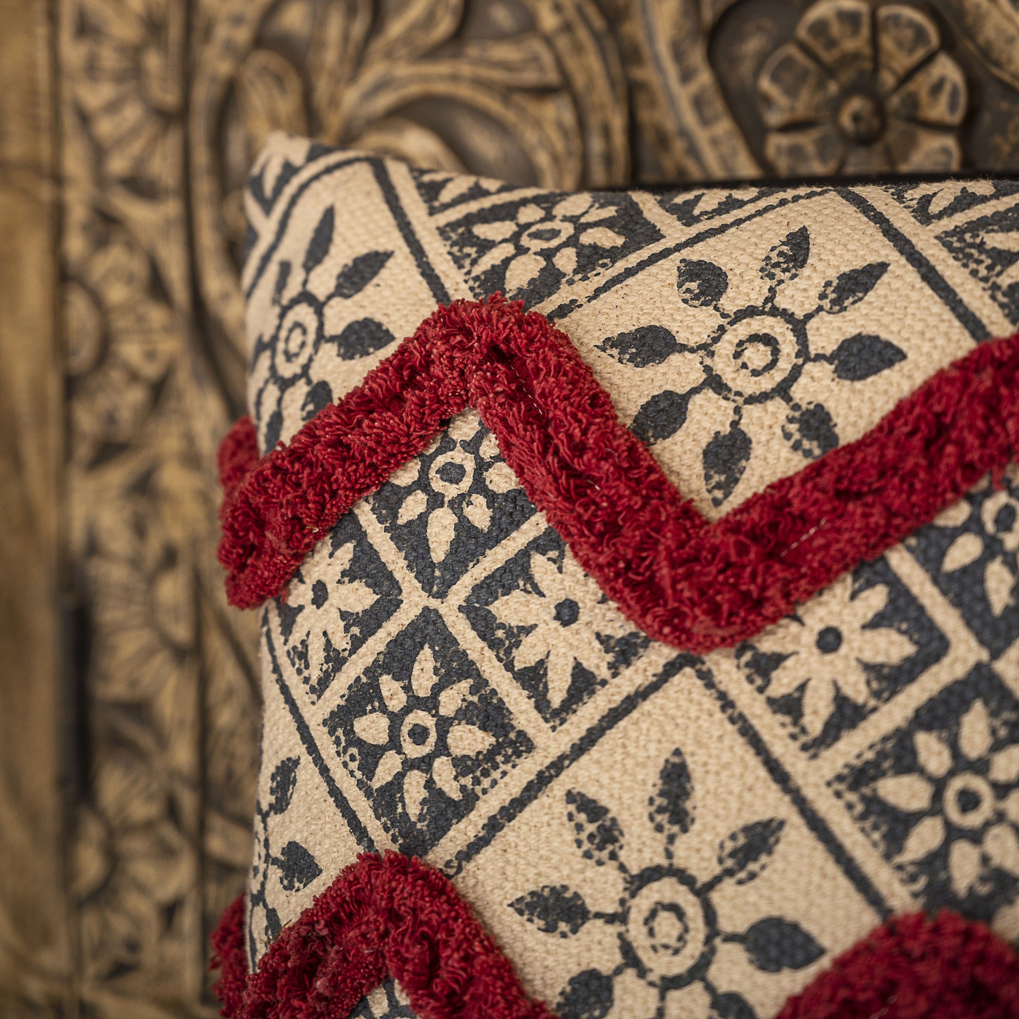 "Crimson Crest" Hand Block Printed Cushion Cover