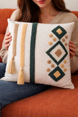 Hand-Tufted Geometric Boho Cushion Cover with Tassels