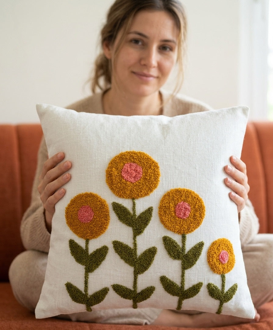 Sunflower Meadow Hand-Tufted Cushion Cover – Mustard & Pink Floral Decor