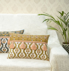 Multicolor Hand Block Printed Cushion Cover With Decorative Tassels 16x24 In