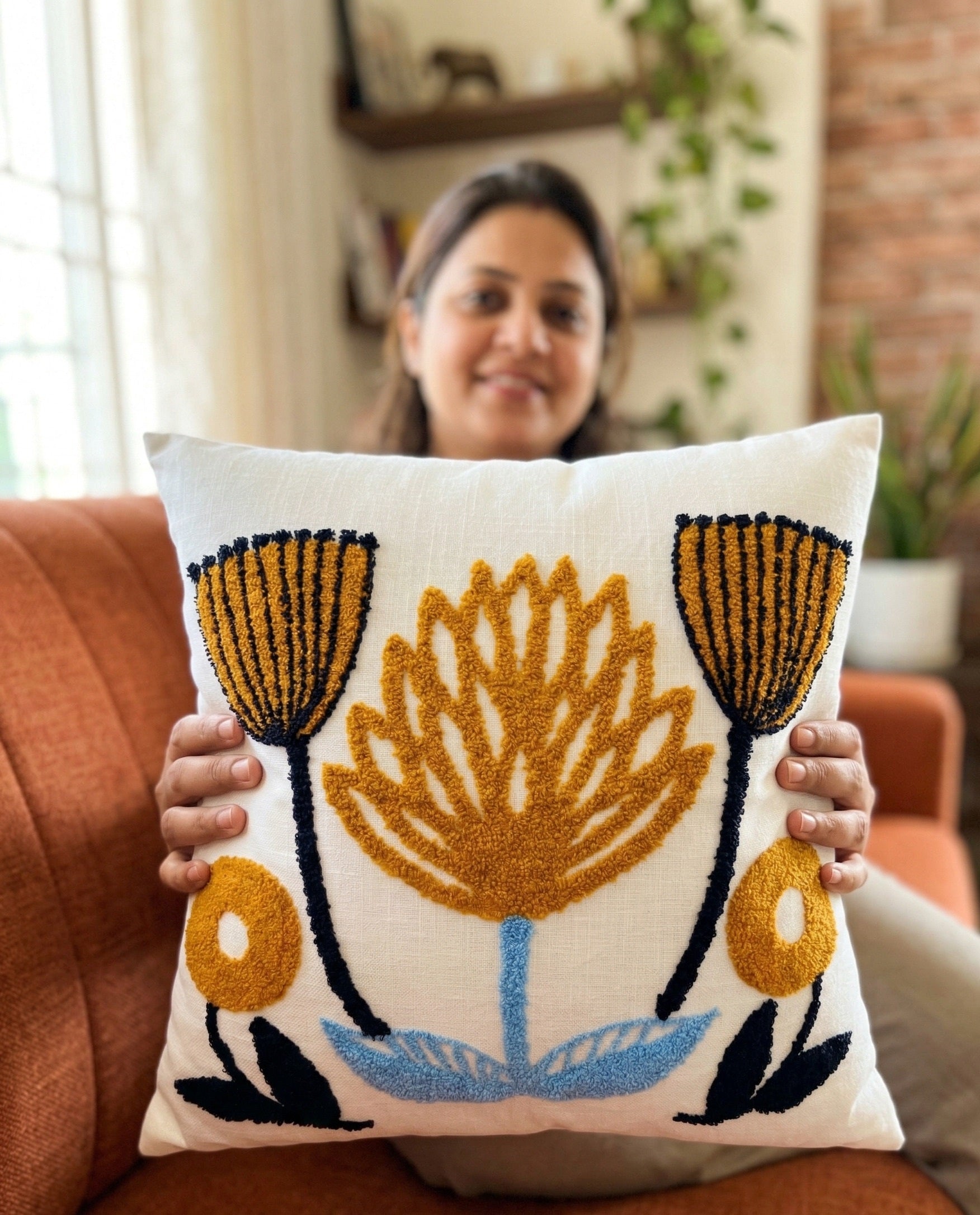 Hand-Tufted Mediterranean Floral Mustard and Blue Cushion Cover