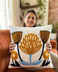 Hand-Tufted Mediterranean Floral Mustard and Blue Cushion Cover