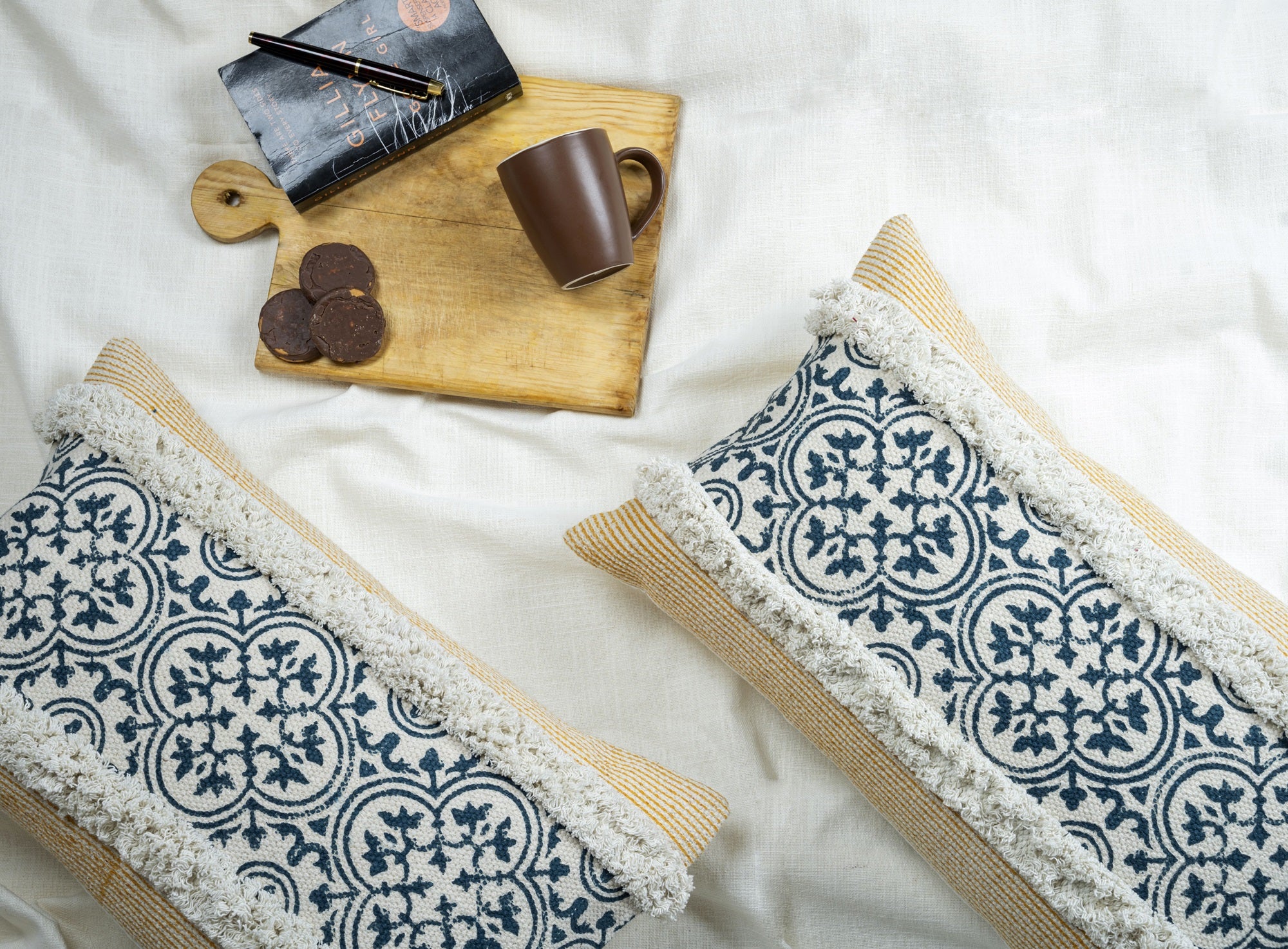 "Rust Grove" Block Printed Cushion Cover with Lace Detailing