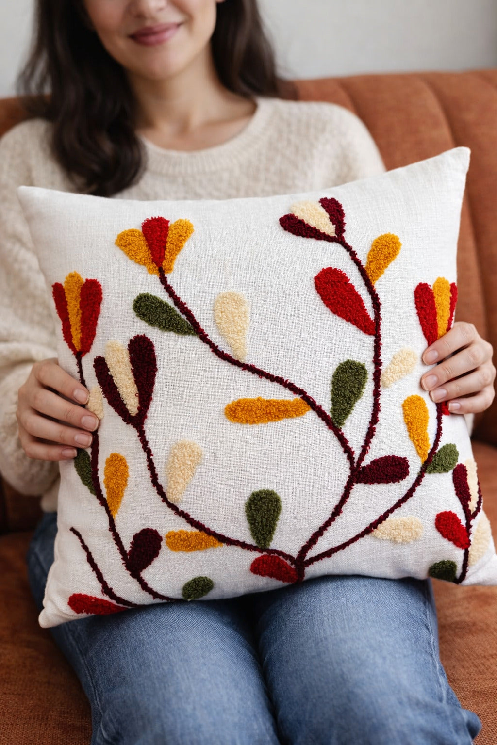Hand-Tufted Autumnal Vine & Petal Cotton Cushion Cover