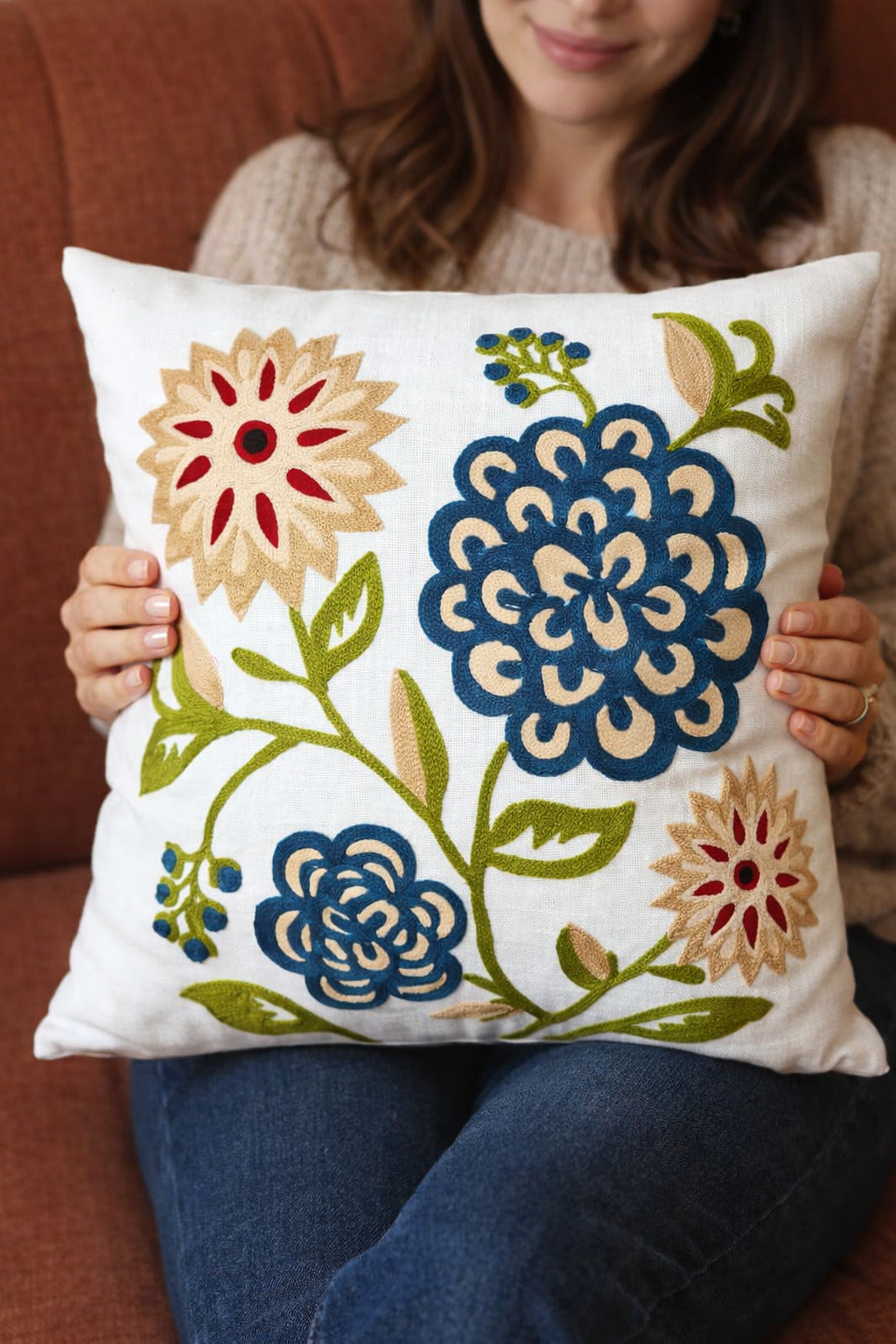 Hand-Embroidered Kashmiri Floral Bloom Linen Cushion Cover