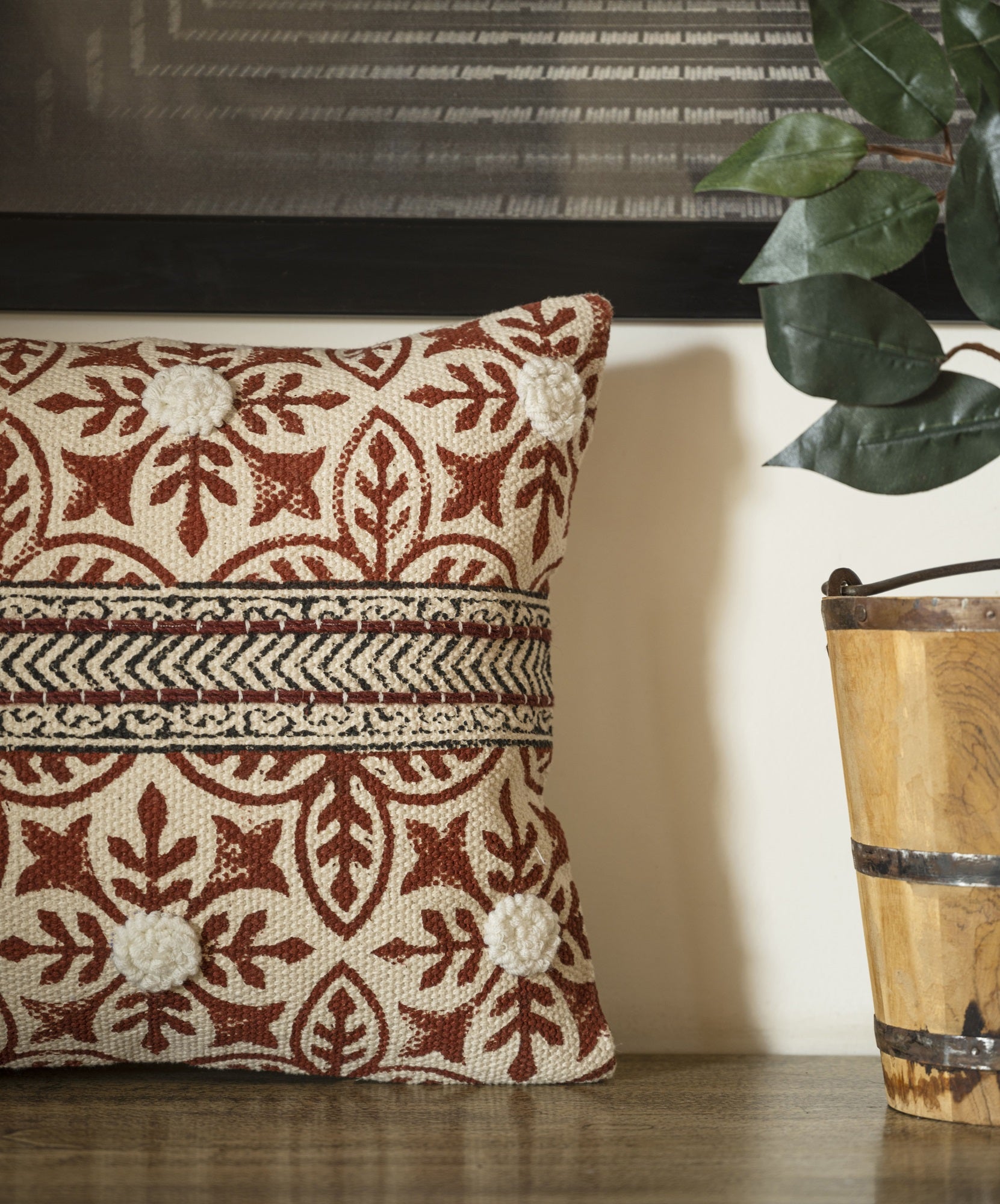 "Rust Grove" Hand Block Printed Cushion Cover with Embellishment