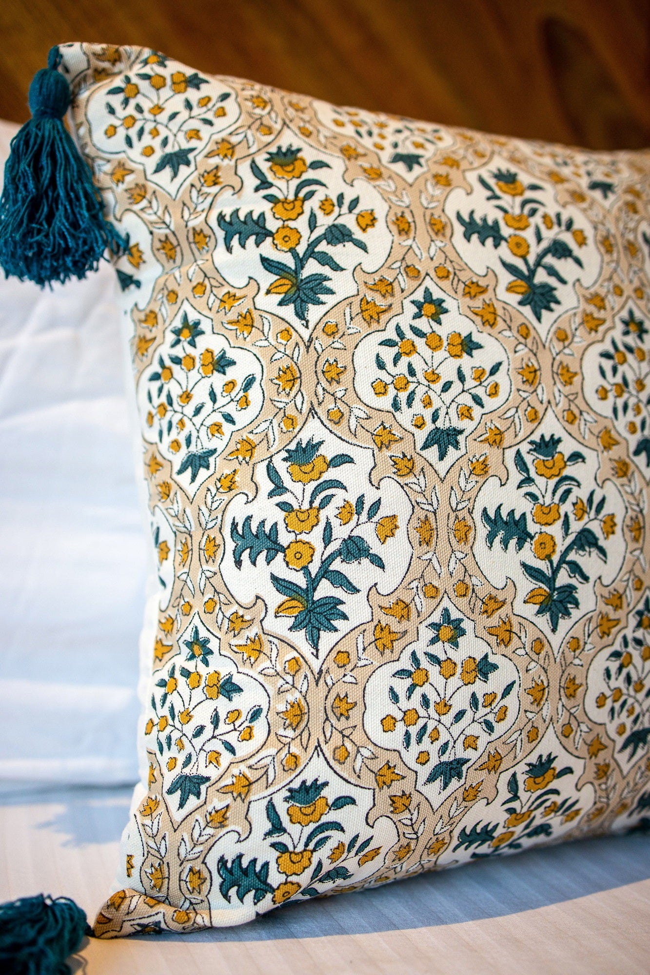 "Amber Bloom" Hand Block Printed Cushion Cover