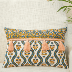 Hand Block Printed Pillow Cover With Decorative Tassels 16x24 In
