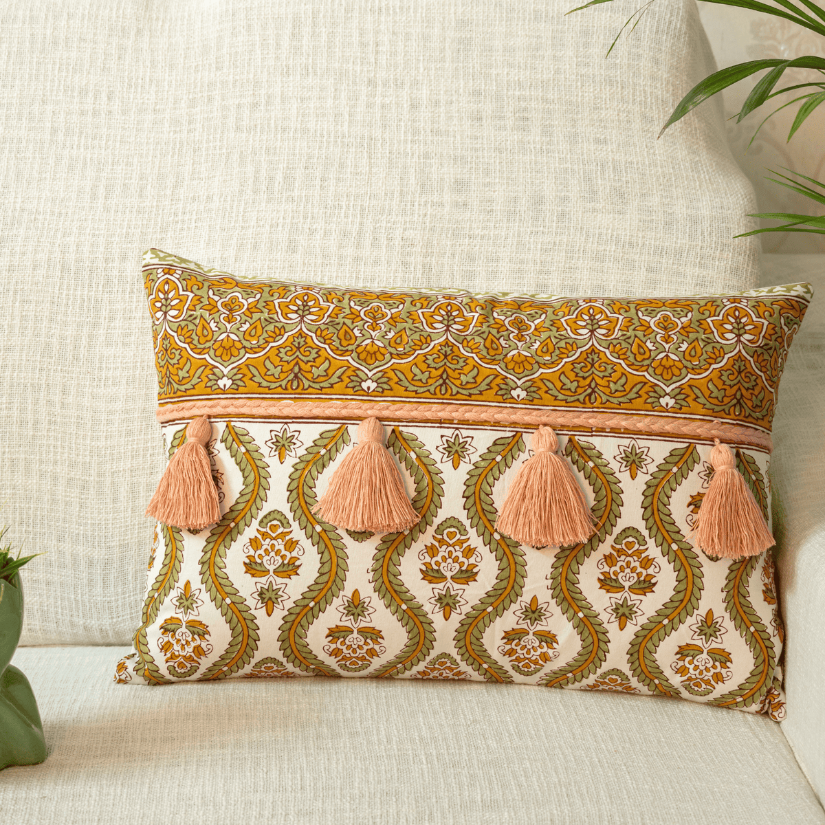 Multicolor Hand Block Printed Cushion Cover With Decorative Tassels 16x24 In
