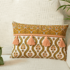 Multicolor Hand Block Printed Cushion Cover With Decorative Tassels 16x24 In