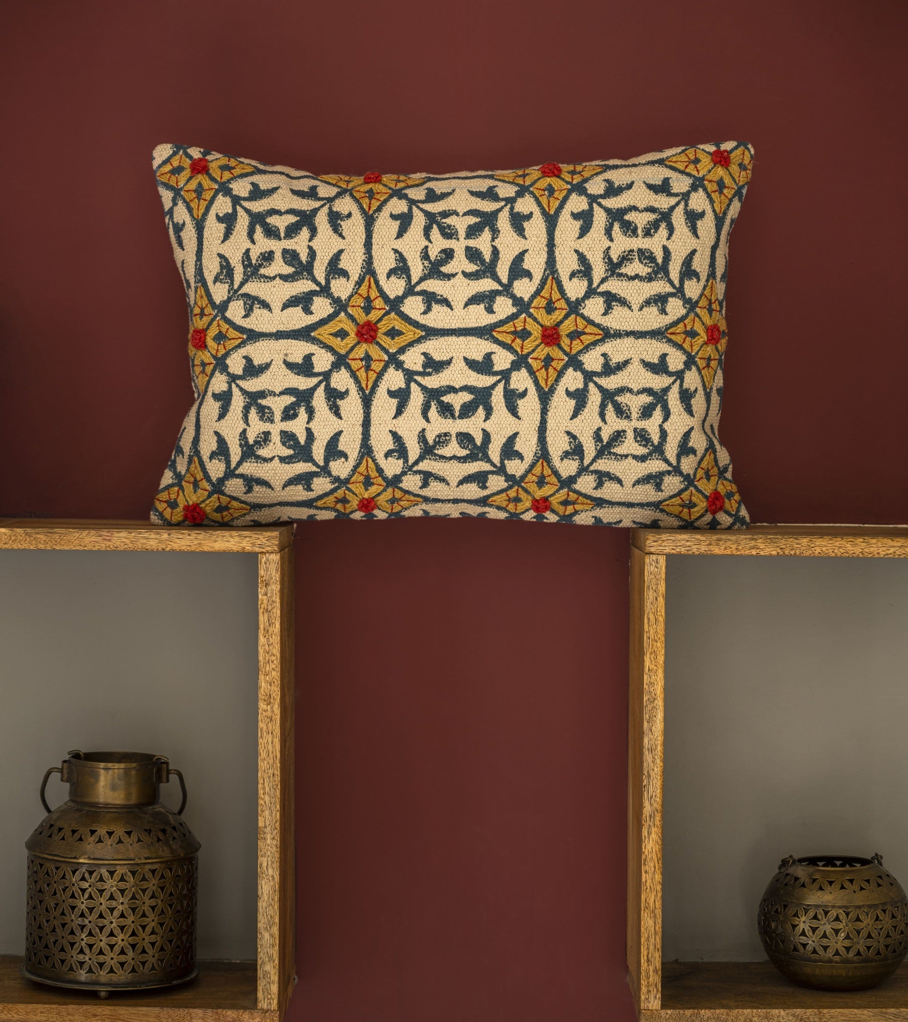 "Verdant Bloom" Embroidered Cushion Cover