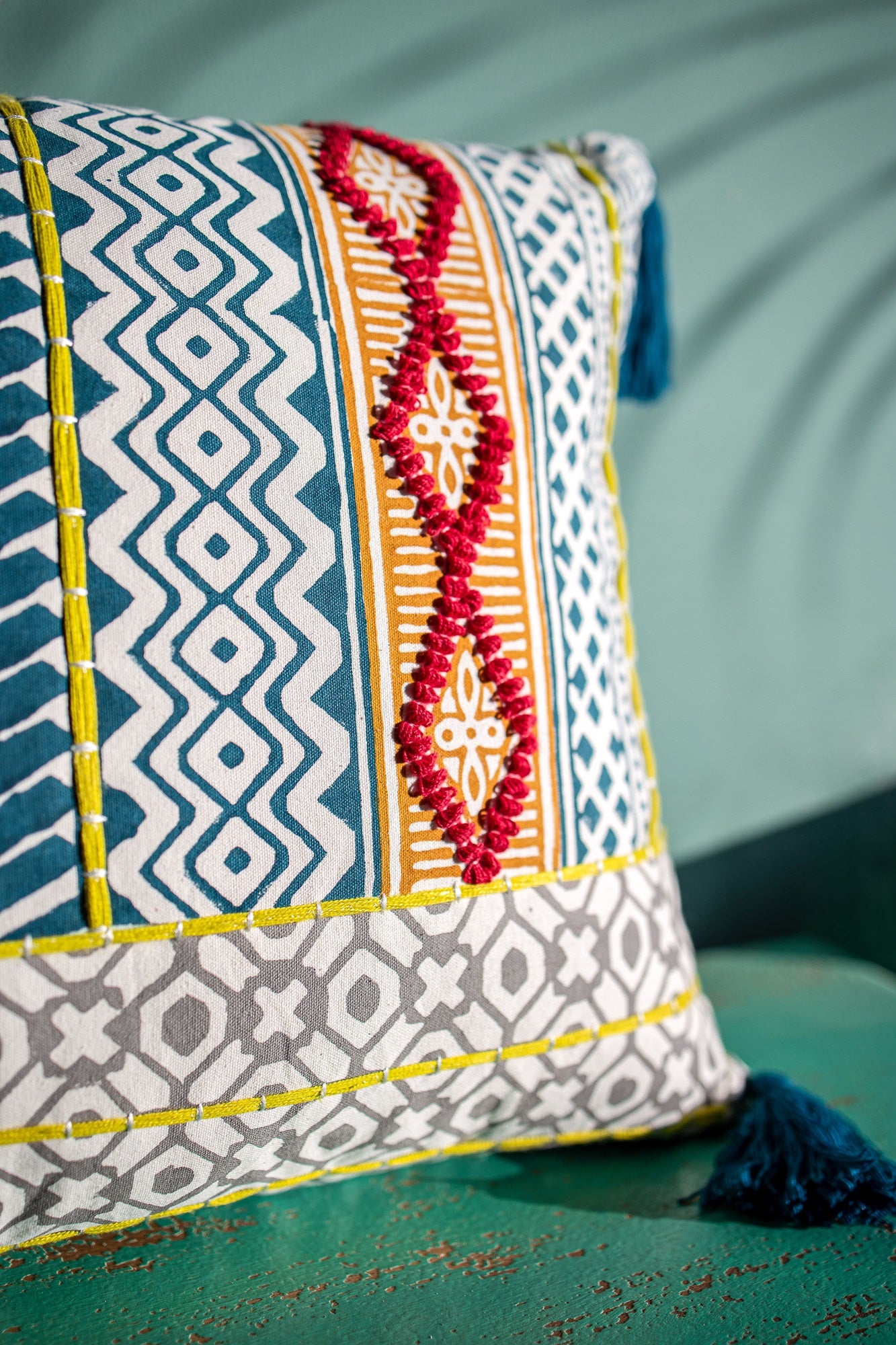 Hand Block Printed Emblished Pillow Cover 16x24 In