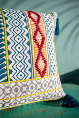 Hand Block Printed Emblished Pillow Cover 16x24 In