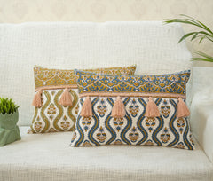 Hand Block Printed Pillow Cover With Decorative Tassels 16x24 In