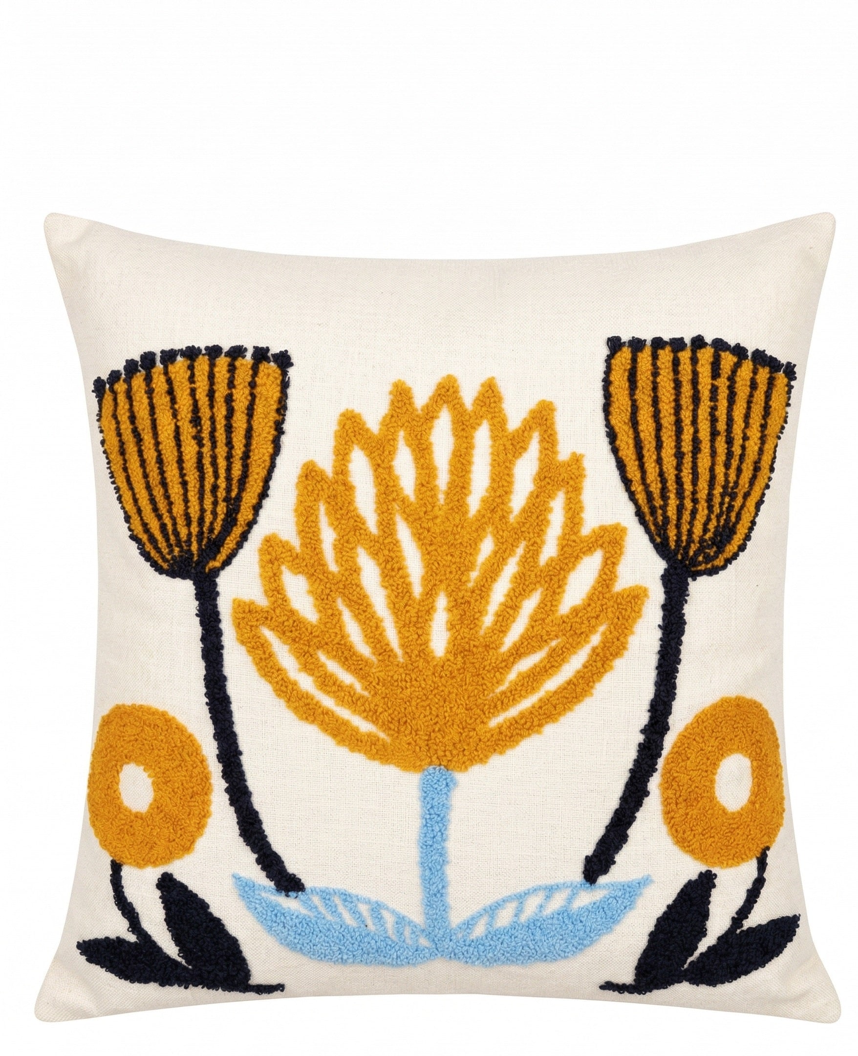 Hand-Tufted Mediterranean Floral Mustard and Blue Cushion Cover