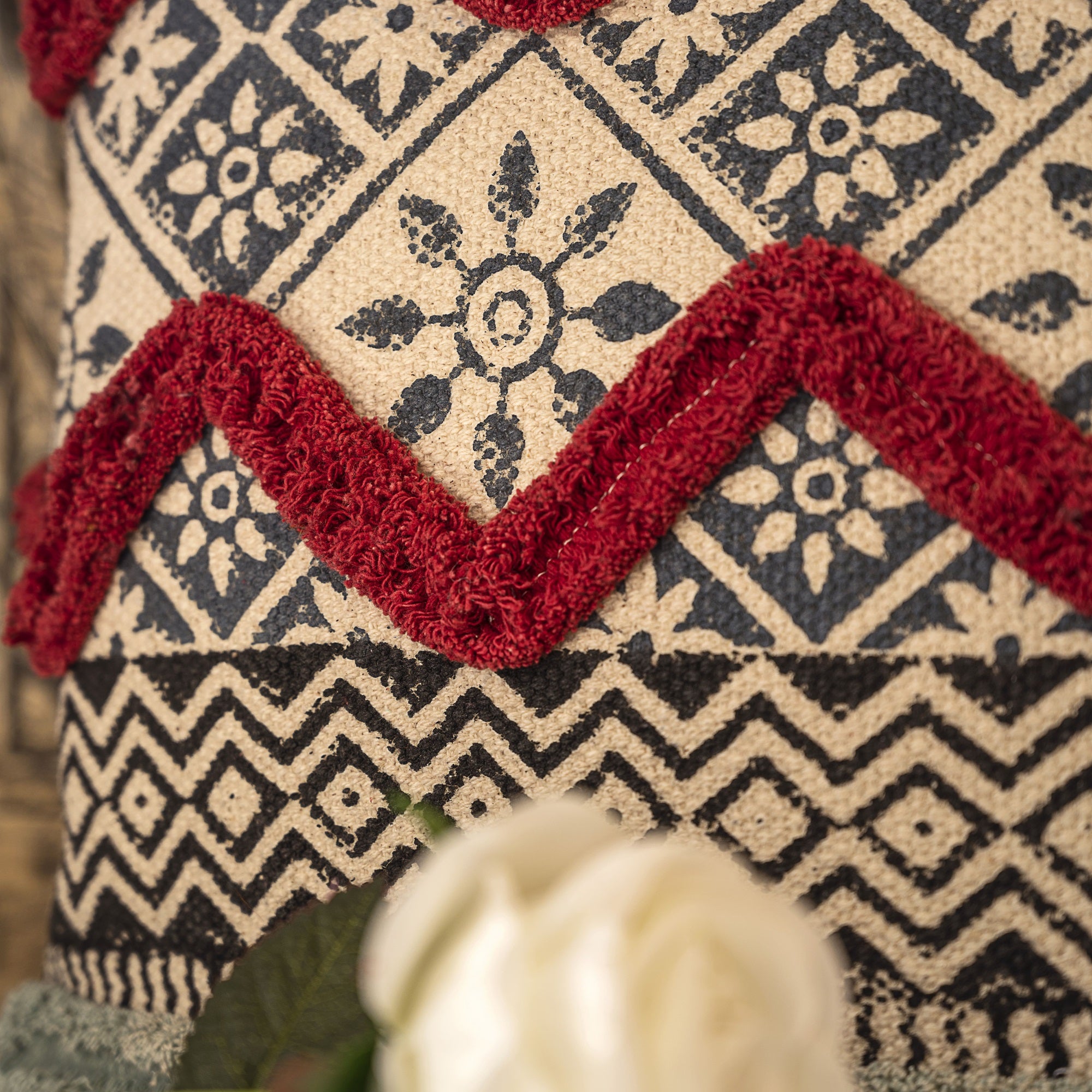 "Crimson Crest" Hand Block Printed Cushion Cover
