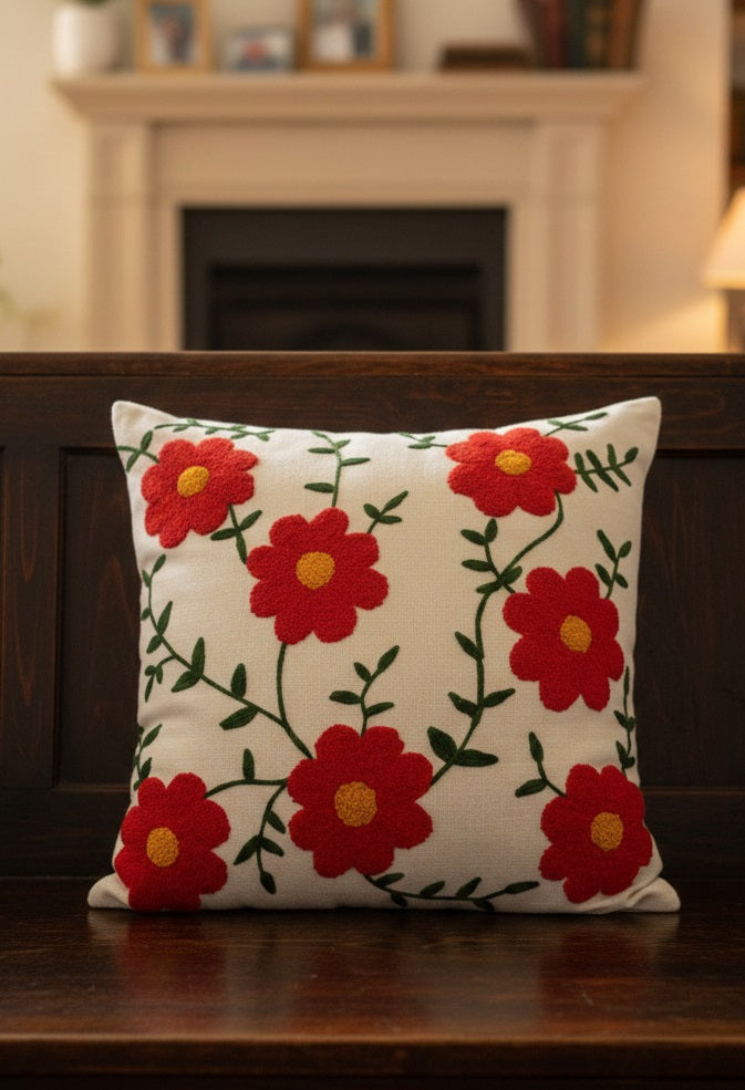 Hand-Tufted Red Poppy Floral Vine Cotton Cushion Cover