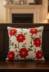 Hand-Tufted Red Poppy Floral Vine Cotton Cushion Cover