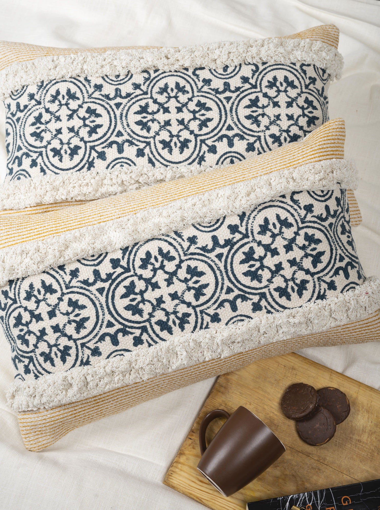 "Rust Grove" Block Printed Cushion Cover with Lace Detailing