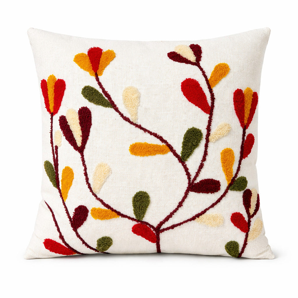 Hand-Tufted Autumnal Vine & Petal Cotton Cushion Cover