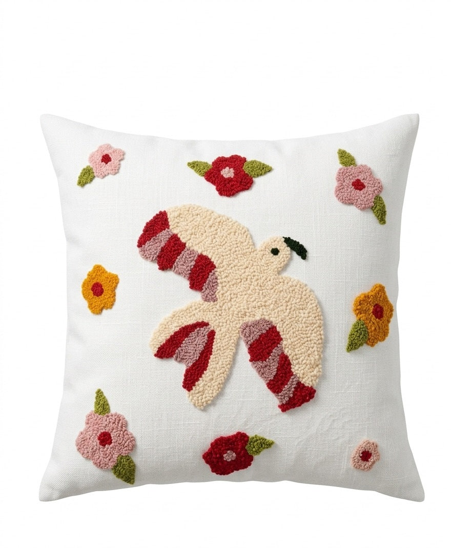 Hand-Tufted Bird and Floral Medley Cotton Cushion Cover