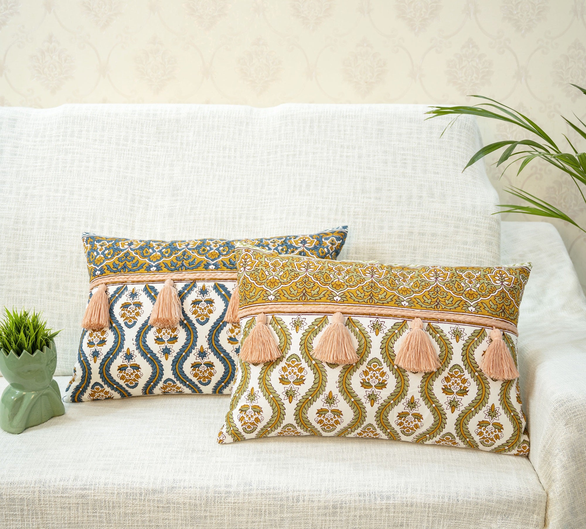 Multicolor Hand Block Printed Cushion Cover With Decorative Tassels 16x24 In