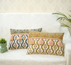 Multicolor Hand Block Printed Cushion Cover With Decorative Tassels 16x24 In
