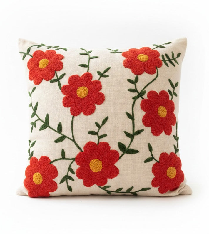 Hand-Tufted Red Poppy Floral Vine Cotton Cushion Cover