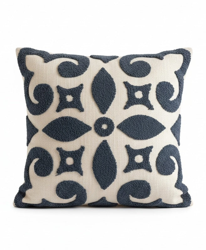 Hand-Tufted Geometric Arabesque Charcoal & Cream Cushion Cover