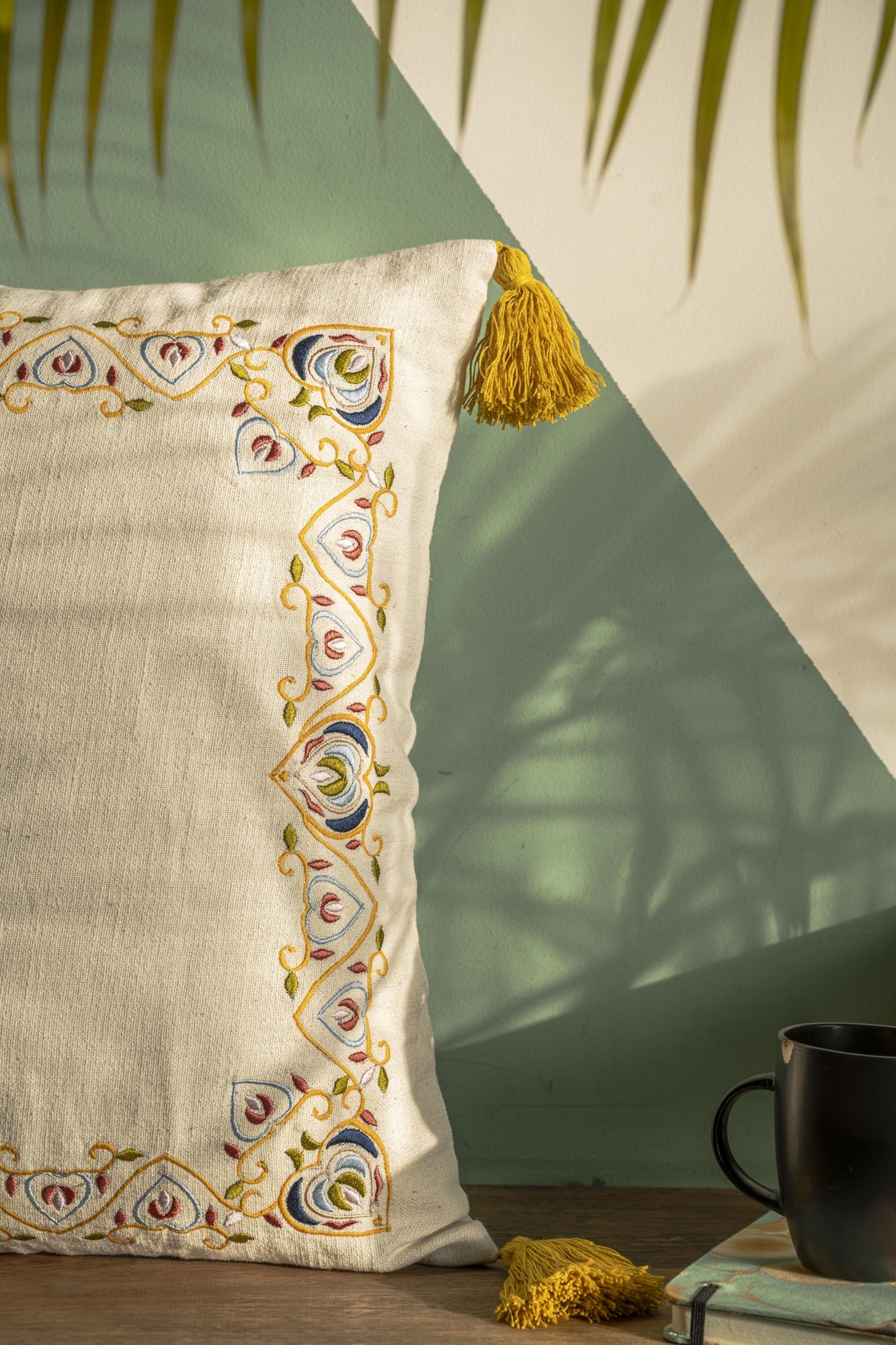 Off White Embroiderd Textured Cotton Cushion Cover