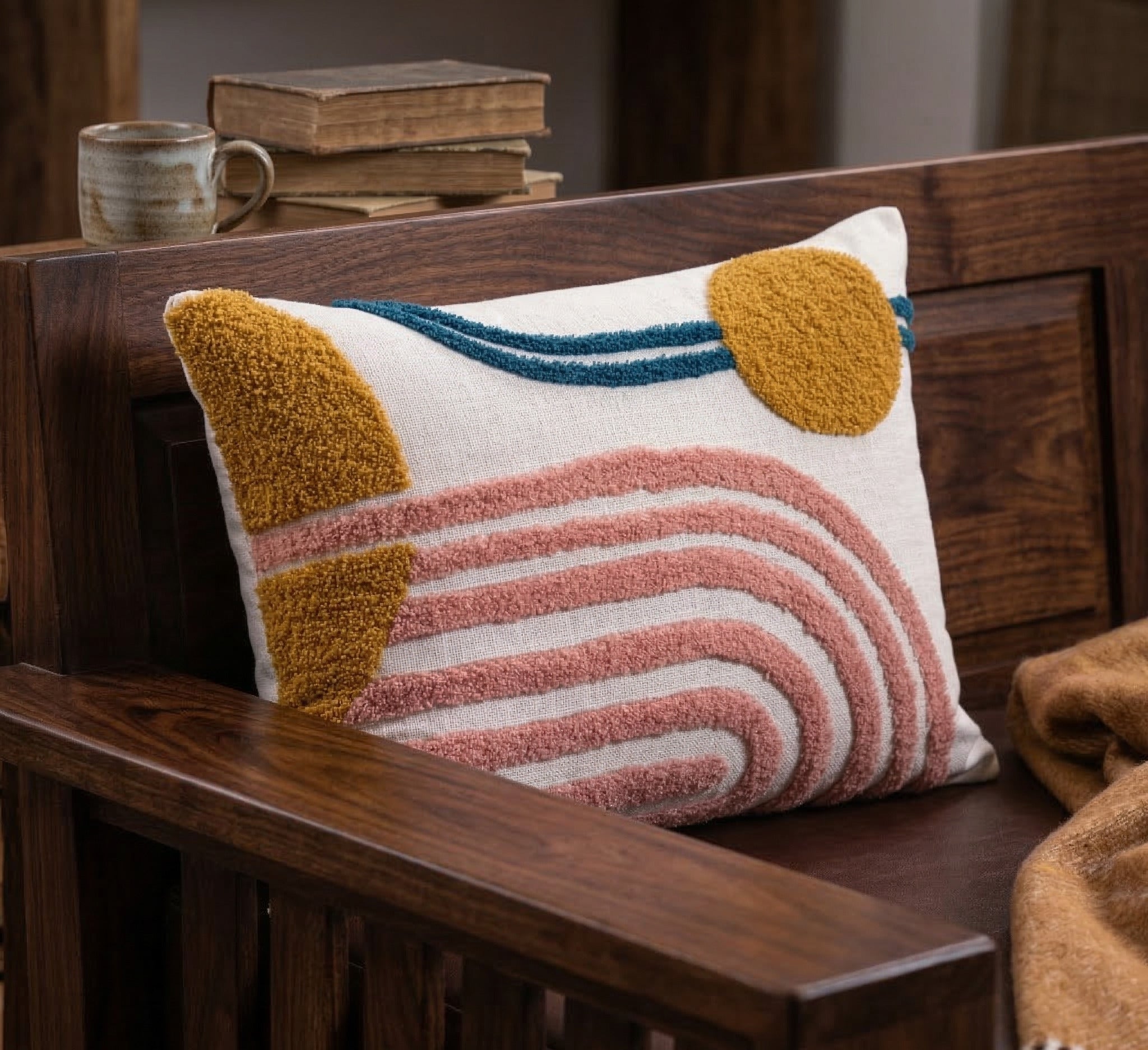 Boho Embroidery Tufted Cotton Canvas Cushion Cover Textured Decorative Pillow Case Square Cushion Covers for Sofa, Living Room & Bedroom