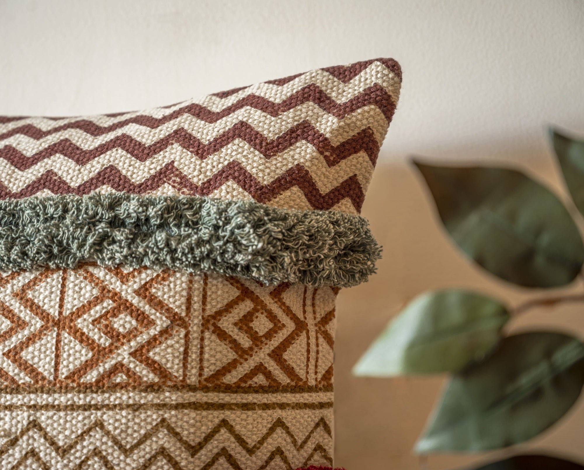 Hand Block Printed Cushion Cover With Shags