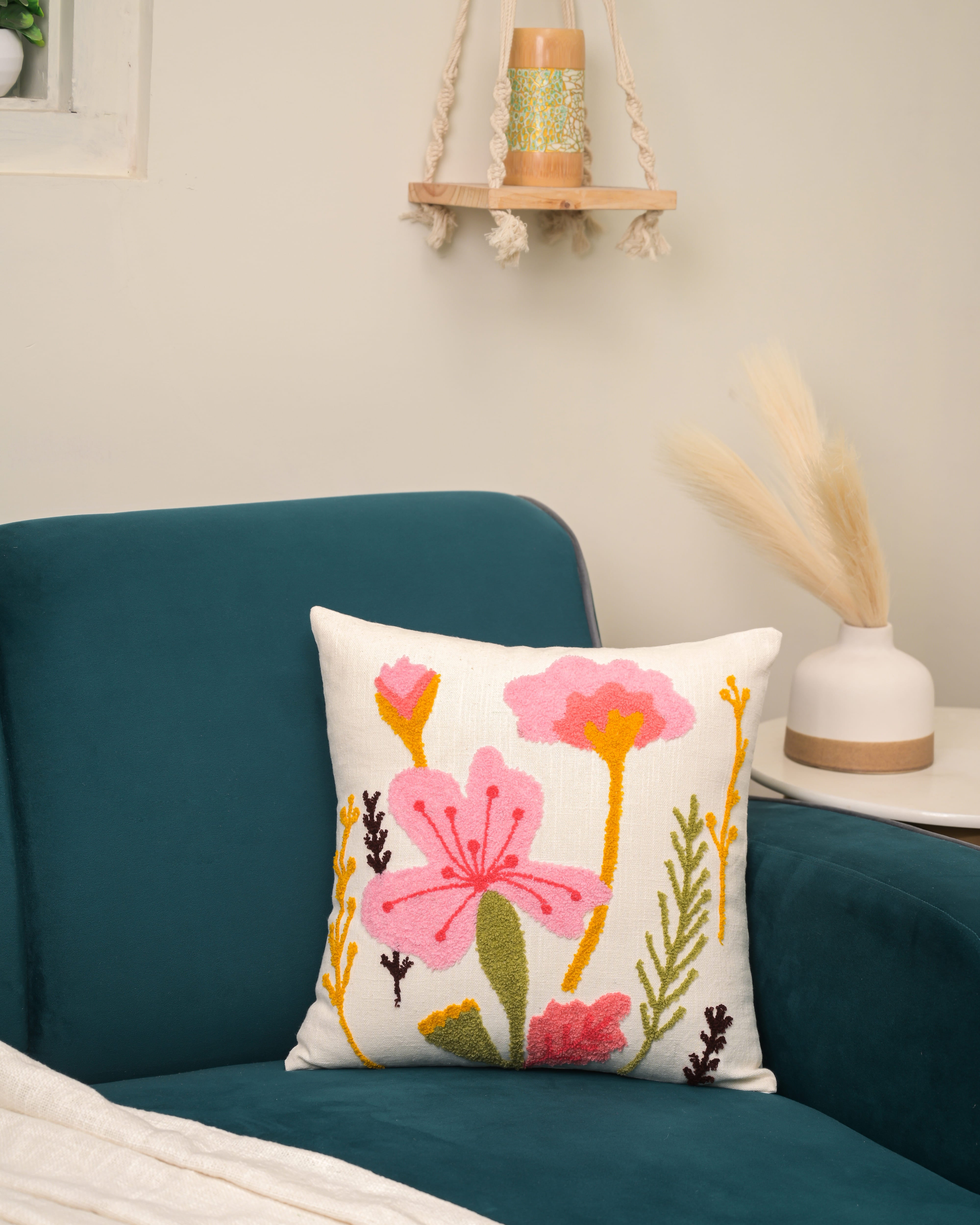 Floral Whispers Elegant Embroidered Cushion cover