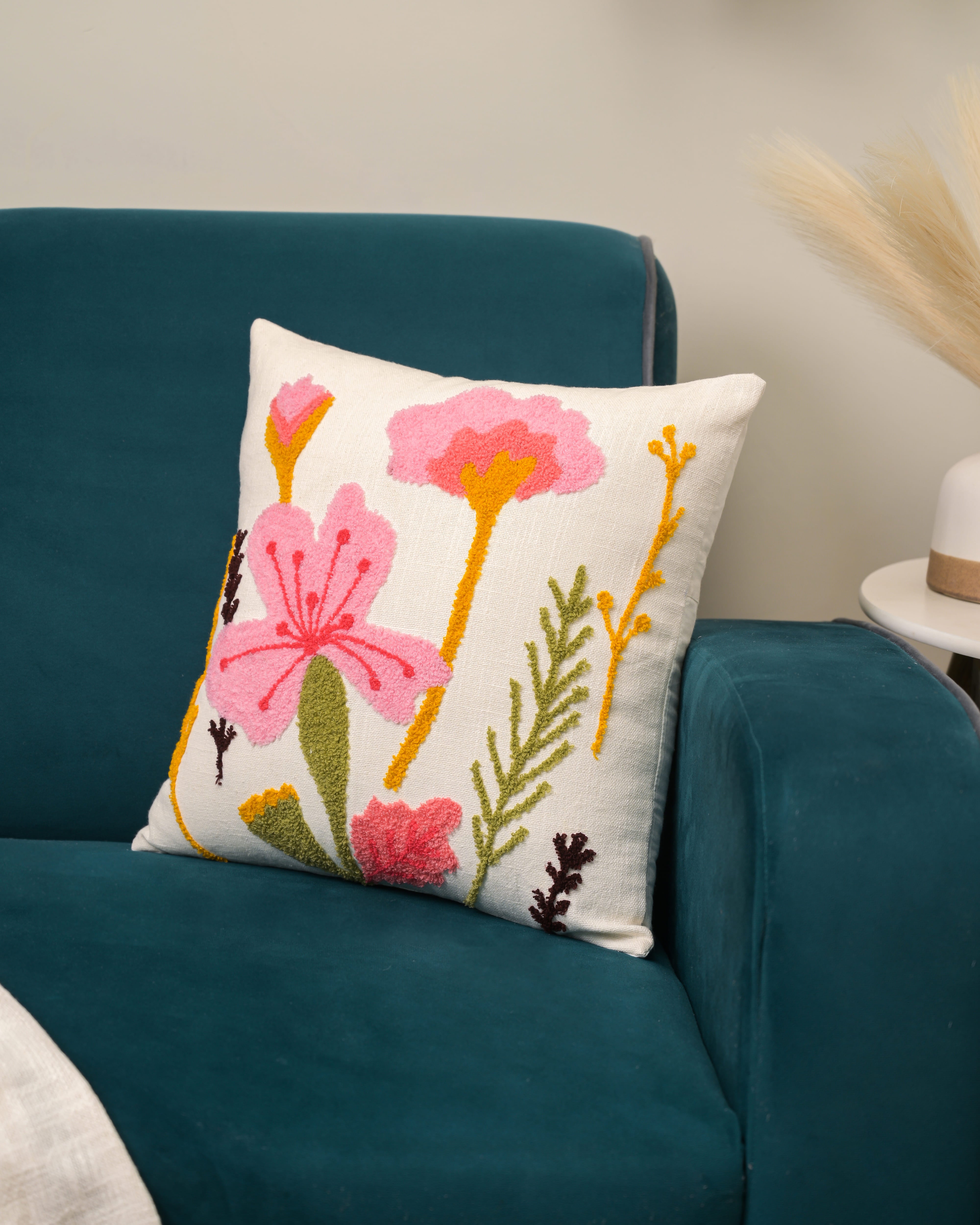Floral Whispers Elegant Embroidered Cushion cover