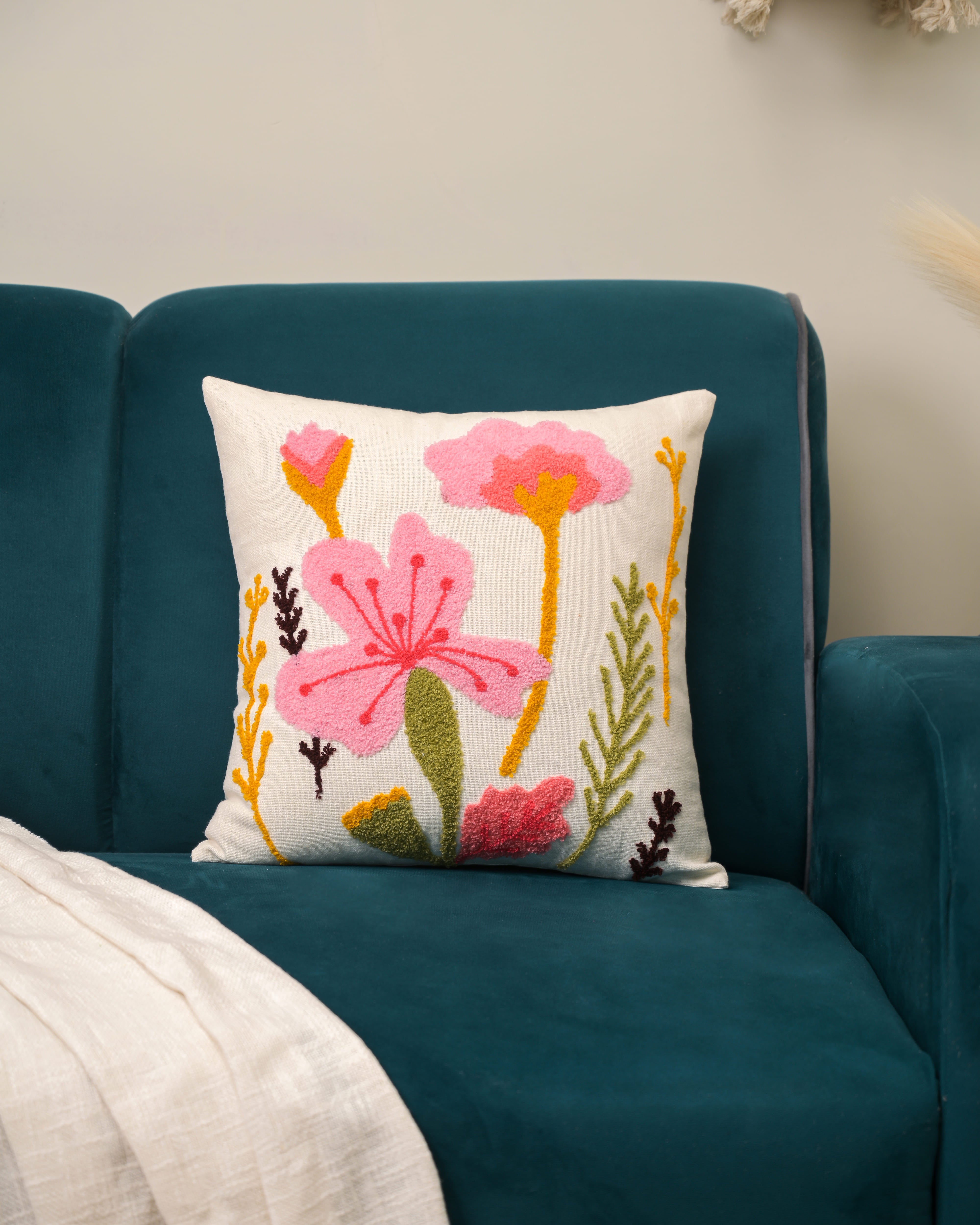 Floral Whispers Elegant Embroidered Cushion cover