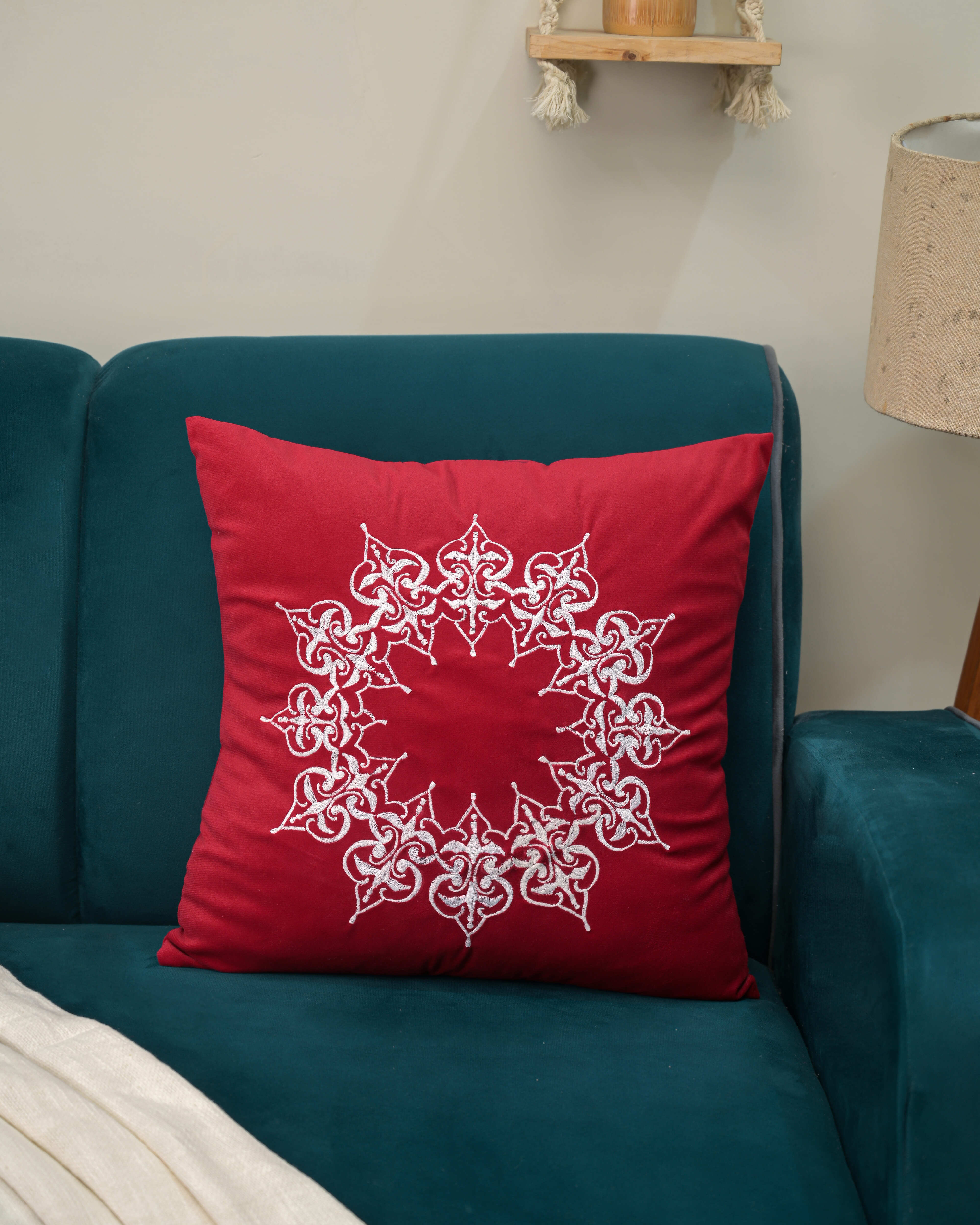 “Crimson Royale” Embroidered Cushion Cover