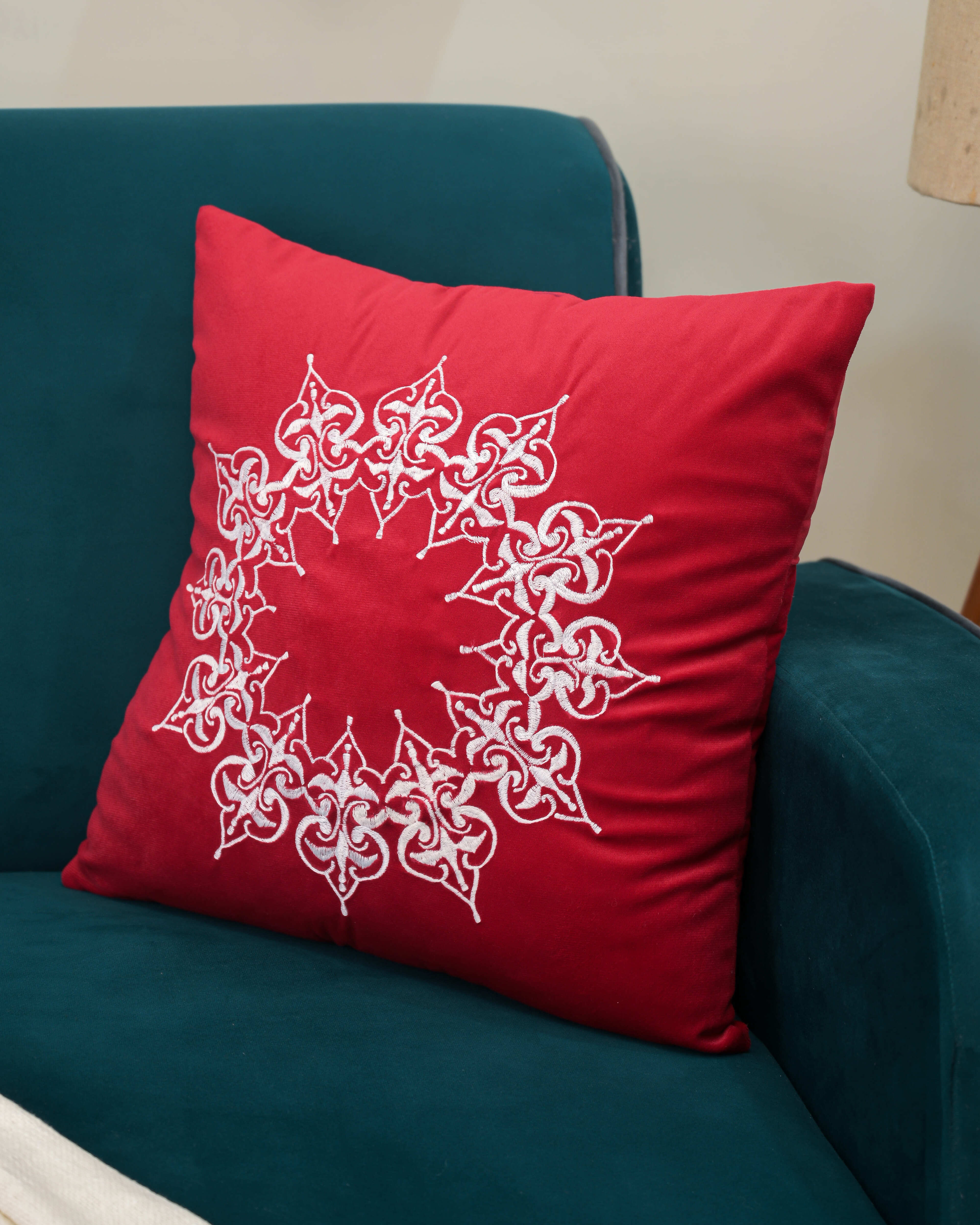 “Crimson Royale” Embroidered Cushion Cover