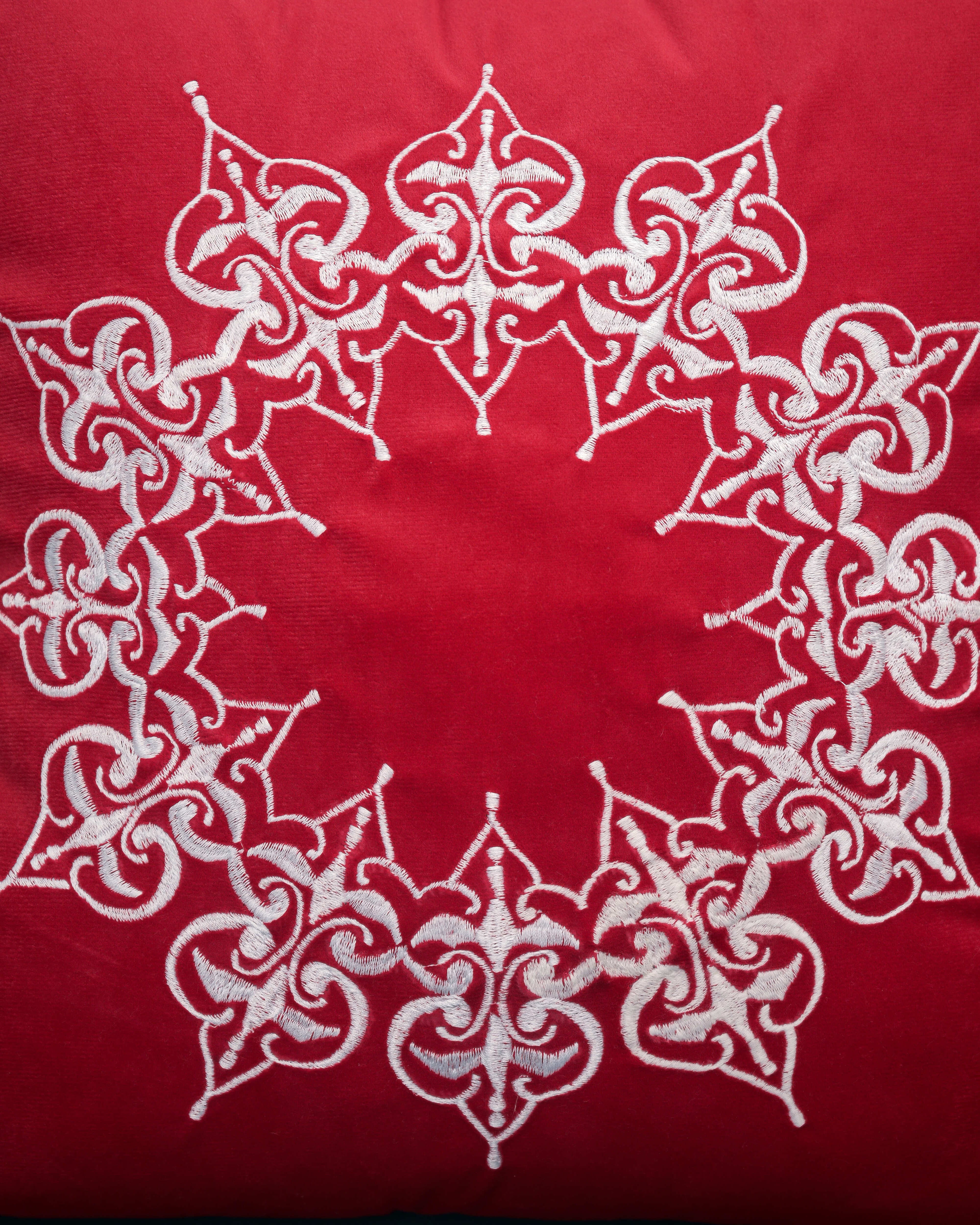 “Crimson Royale” Embroidered Cushion Cover