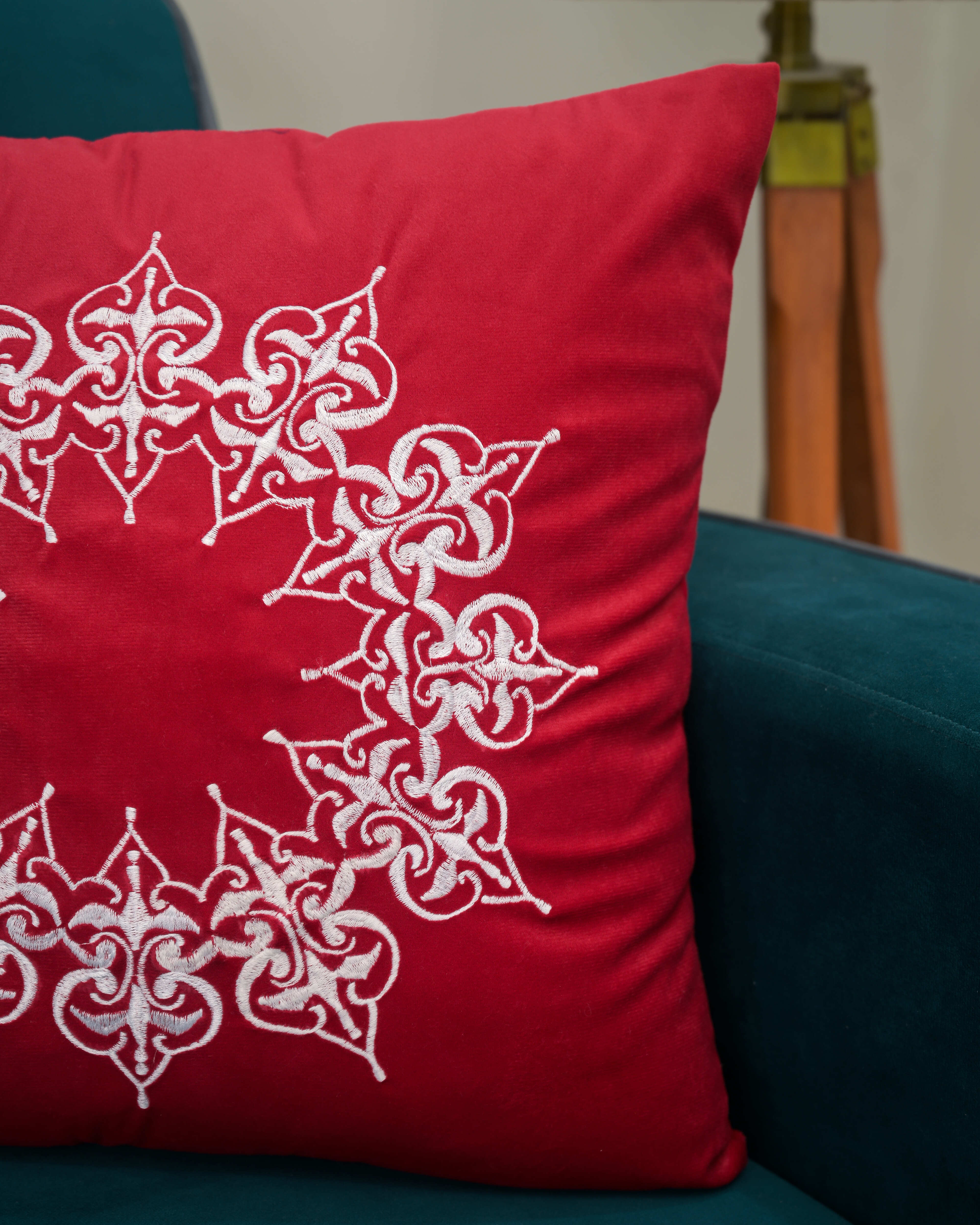 “Crimson Royale” Embroidered Cushion Cover