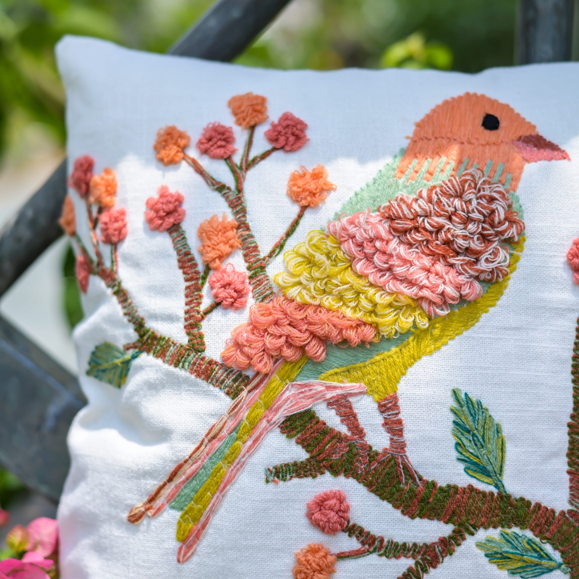 Hand Embroidered Birds Of Paradise Cushion Cover for Sofa