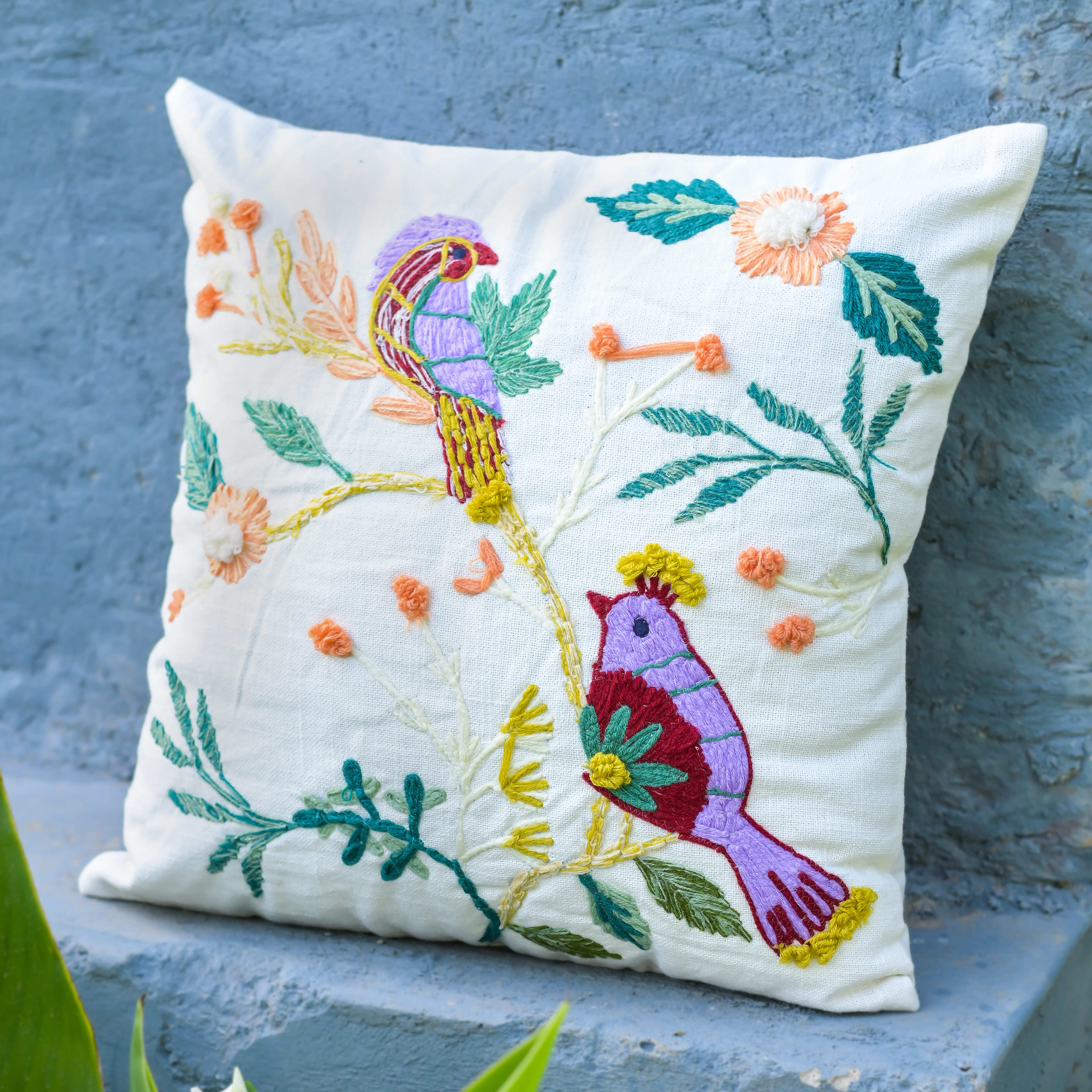 "Birdsong Garden" Hand Embroidered Cushion Cover